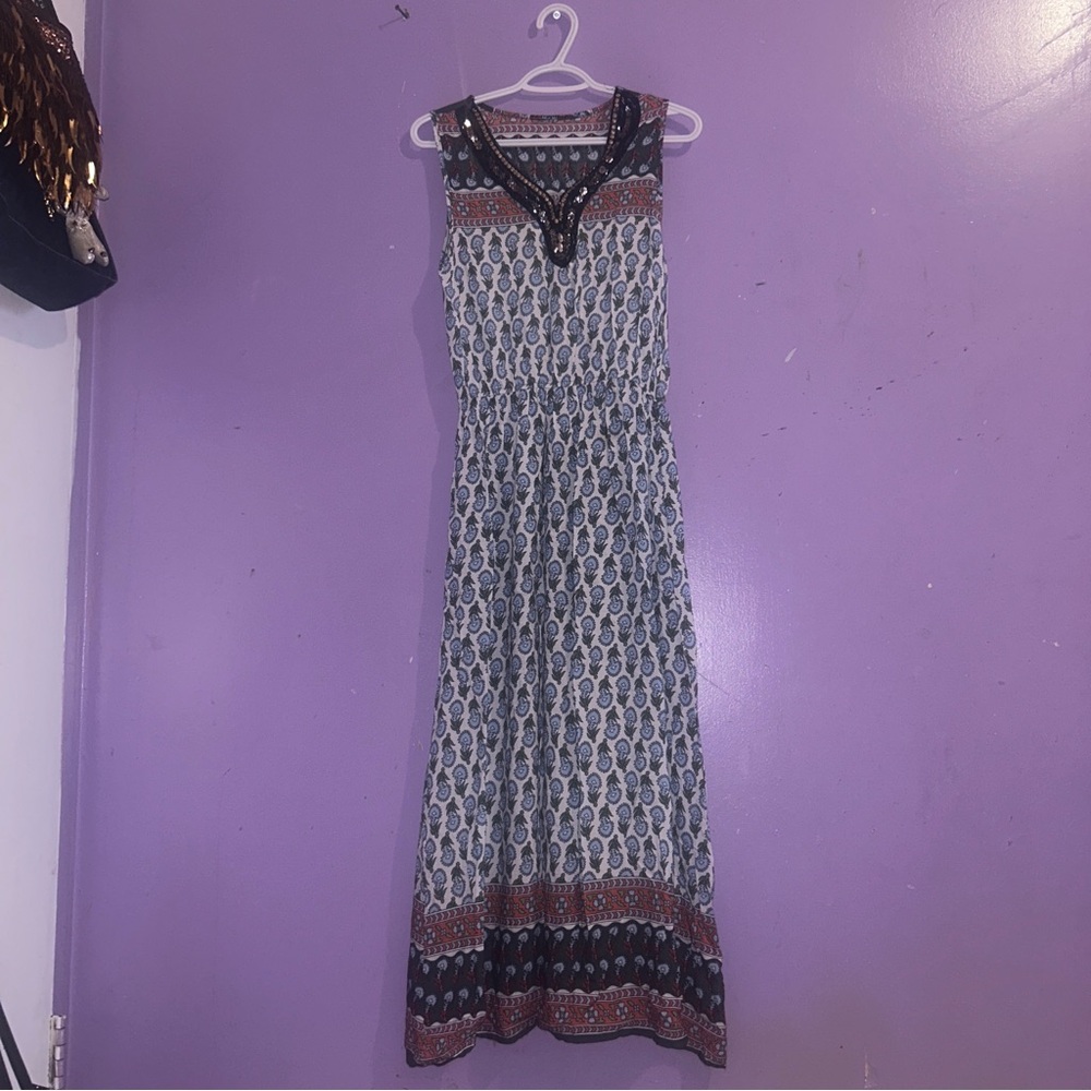 Striped Baby Blue Boho Sequin Embellished Sleeveless Summer Maxi Dress